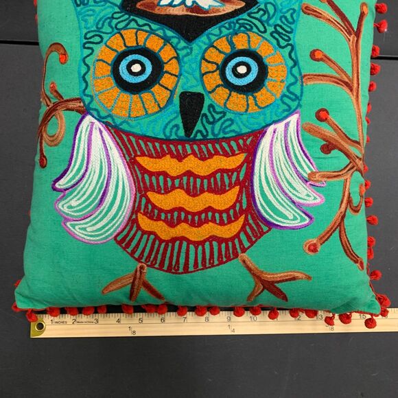 Karma Living Owl Fringe Throw Pillow 16x16 Green Background - Picture 8 of 8